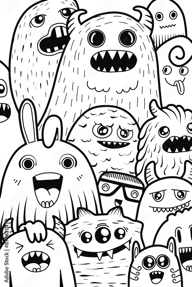 Naklejka premium Hand-drawn illustrations, monsters doodle, Hand Drawn cartoon monster illustration,Cartoon crowd doodle hand-drawn Doodle style.black and white stripes coloring book.
