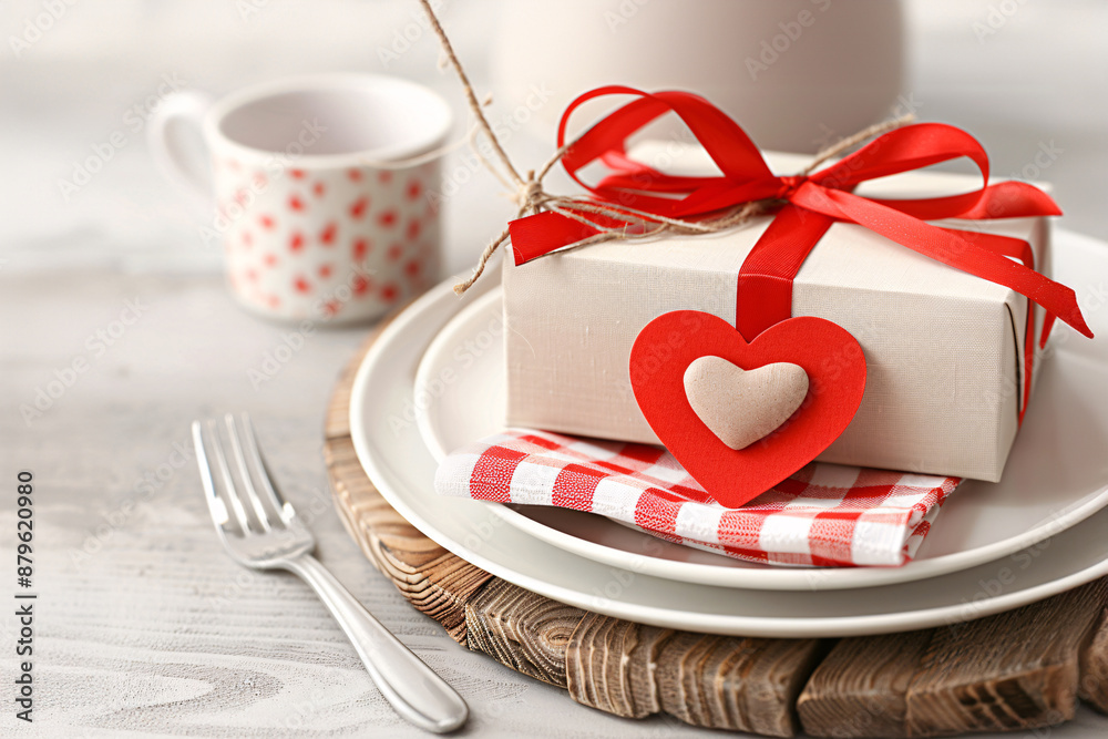 Table setting for a romantic dinner for a couple in love. Overal plan.