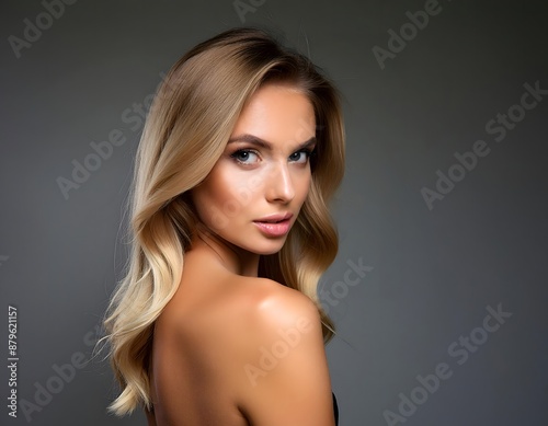 Close-up of a beautiful blond model almost with her back turned and her head turned towards the lens. 