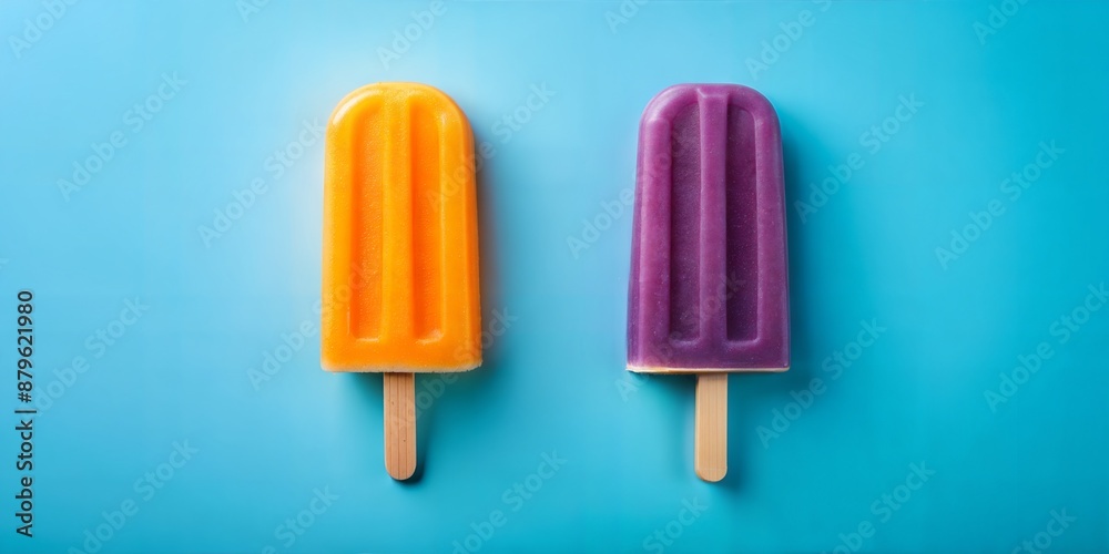 Orange and Purple Popsicles on Blue Background Orange and Purple Popsicles on Blue Background