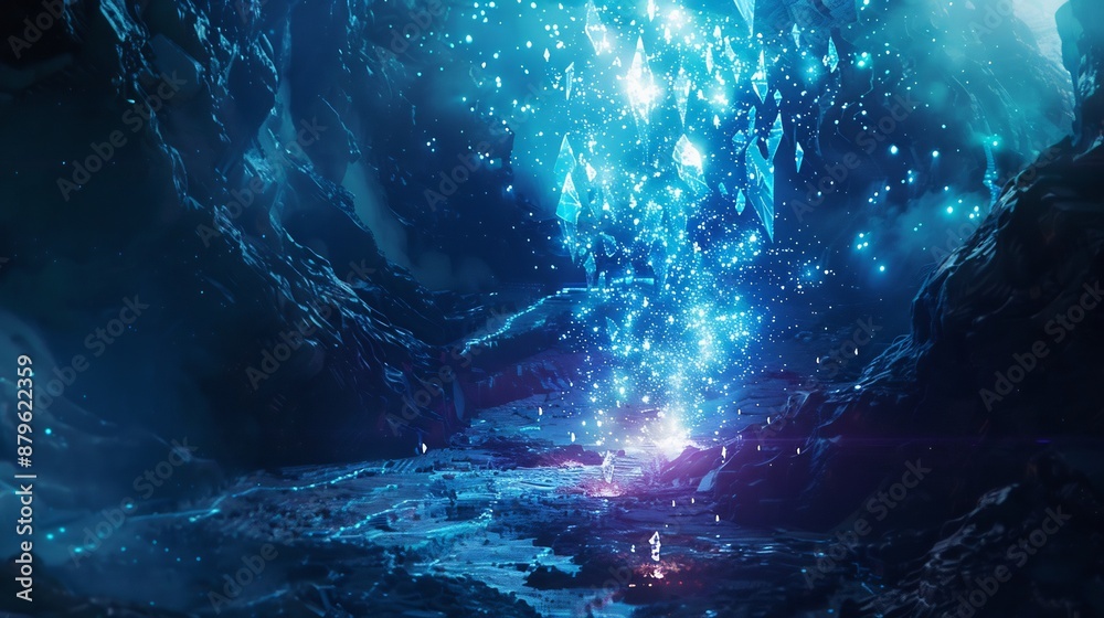 Mystical Blue Cave with Falling Crystalline Shards Mystical Blue Cave with Falling Crystalline Shards
