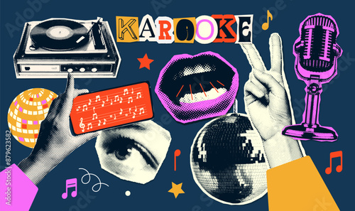 A set of halftone stickers torn from newspapers on the theme of singing in a karaoke club. Vinyl player, singing mouth, hand with notes, disco ball. Vector illustration.
