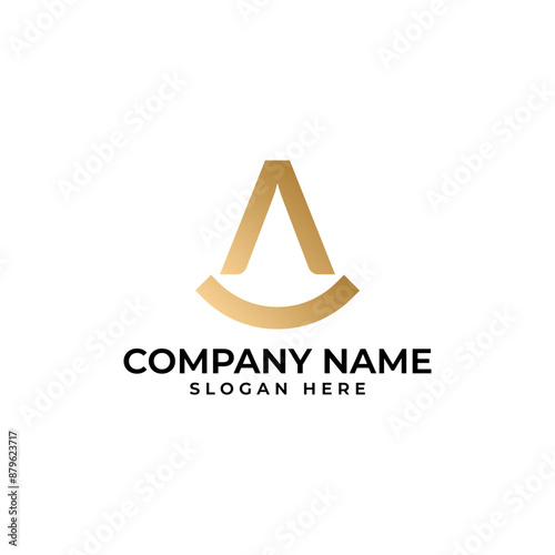 The initial A lettermark in the shape upward arrow in gold gradient and the smile underneath the letter A signify happy in modern luxury elegant and minimalist style