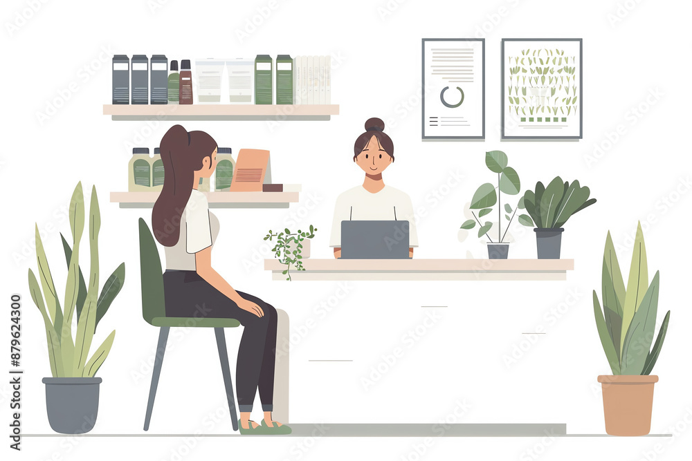 A woman sits in a chair in a health food store talking to a clerk about supplements. Generative ai. A woman sits in a chair in a health food store talking to a clerk about supplements. Generative ai.
