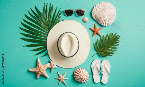 Flatlay on a mint color background showcasing summer items like sunglasses, seashells, starfish, hat and palm leaves, creating holiday, vacation, and relaxation vibes.