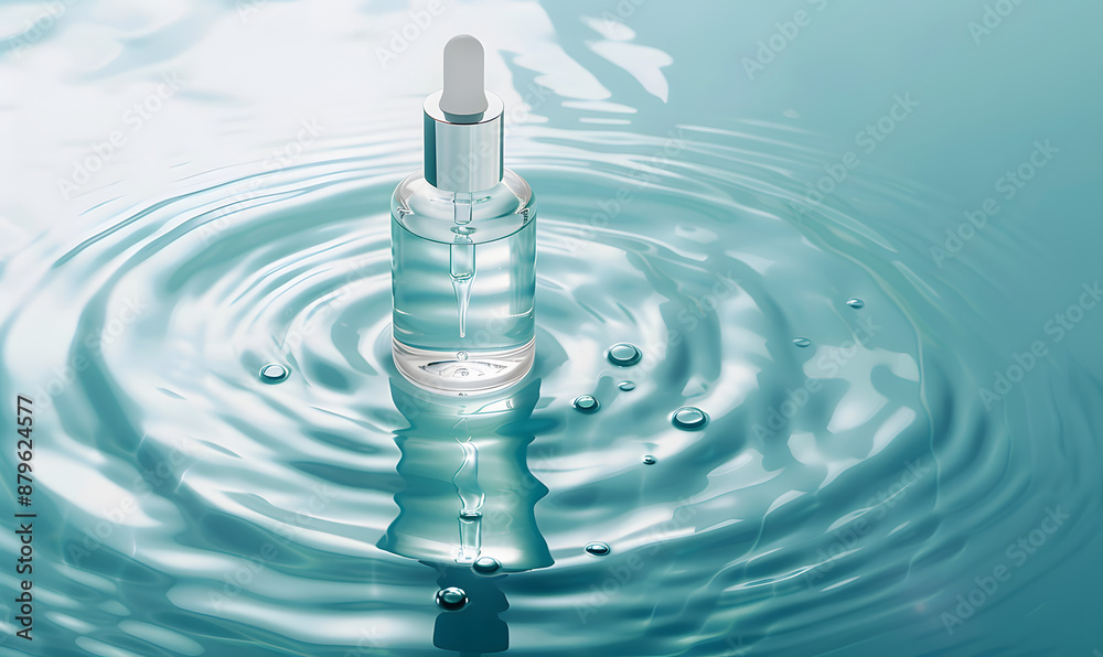Cosmetic items in water splash on blue background. Empty packaging mockup for bottles and skincare products. Front view commercial template. Cosmetic items in water splash on blue background. Empty packaging mockup for bottles and skincare products. Front view commercial template.