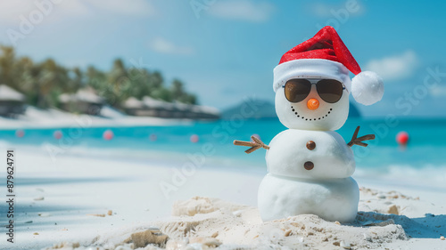 Snowman resting on the seashore, vacation