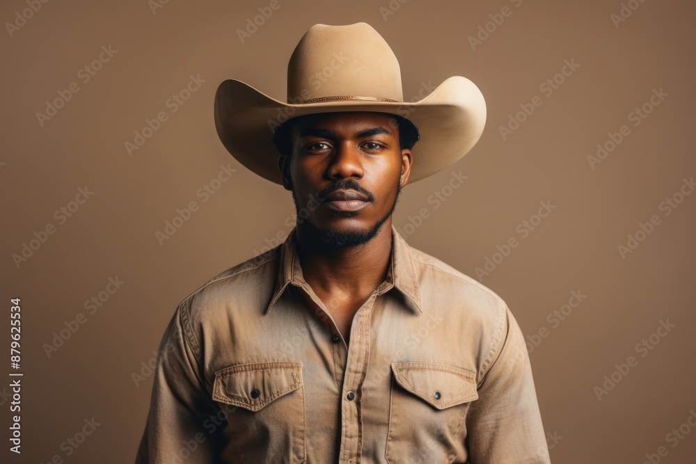 Portrait of a content afro-american man in his 20s wearing a rugged cowboy hat on minimalist or empty room background Portrait of a content afro-american man in his 20s wearing a rugged cowboy hat on minimalist or empty room background