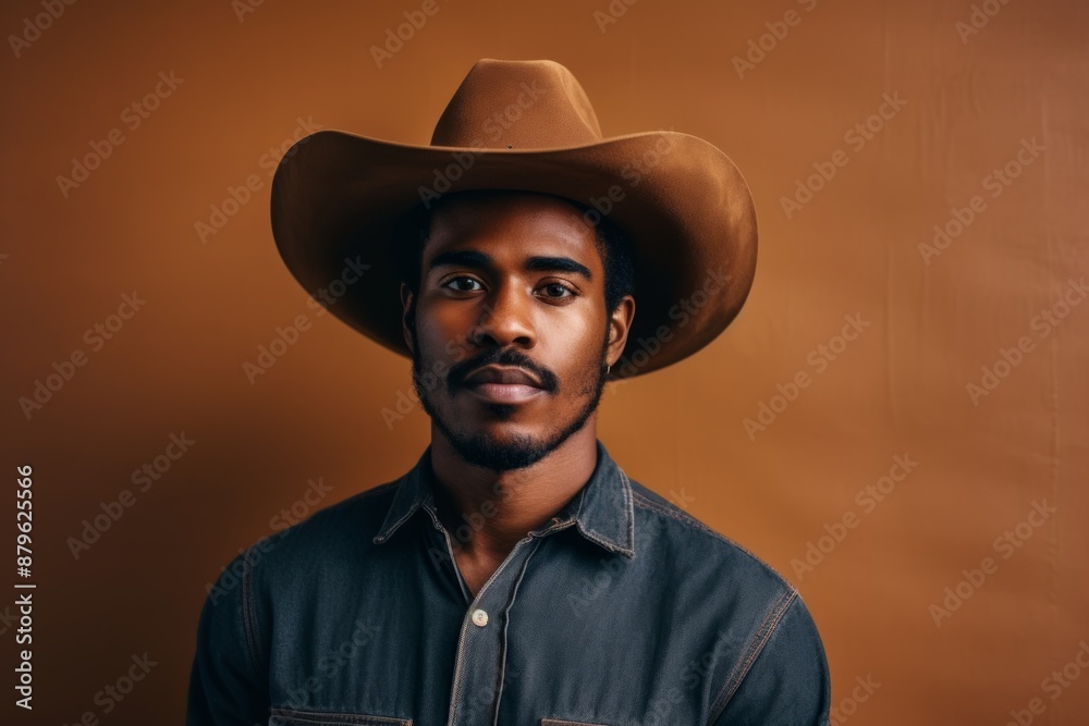 Portrait of a content afro-american man in his 20s wearing a rugged cowboy hat while standing against minimalist or empty room background