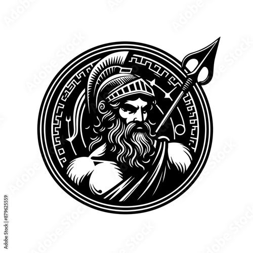 greek god of war Ares illustration. black and white illustration of god Ares no fill. Roman god Mars. Greek deity. Roman deity