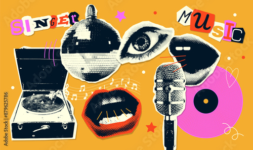 Groovy music mixed media collage stickers set with vinyl player, vintage microphone, mirror disco ball, singing mouth on bright background halftone cut-out elements. Vector illustration