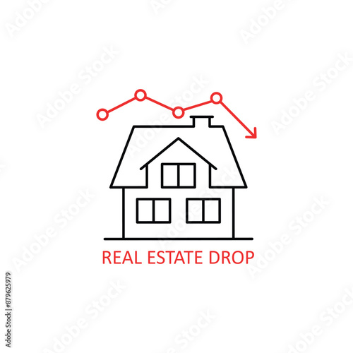 red real estate drop simple linear icon. concept of appreciation or competition in property and loss. flat minimal stroke trend investment demand or downturn