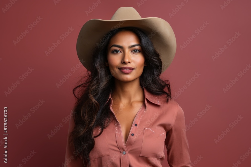 Portrait of a glad indian woman in her 30s wearing a rugged cowboy hat on solid color backdrop Portrait of a glad indian woman in her 30s wearing a rugged cowboy hat on solid color backdrop