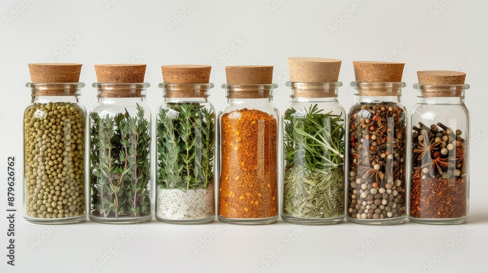 Aromatic herbs and spices neatly organized in glass jars Aromatic herbs and spices neatly organized in glass jars