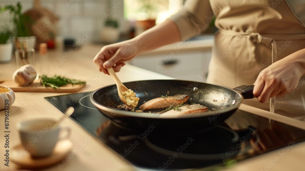 Cooking fish in a modern kitchen. Person in apron prepares delicious fish fillets on a stove. This image is ideal for food blogs, culinary websites, or advertisements about healthy eating. AI Cooking fish in a modern kitchen. Person in apron prepares delicious fish fillets on a stove. This image is ideal for food blogs, culinary websites, or advertisements about healthy eating. AI