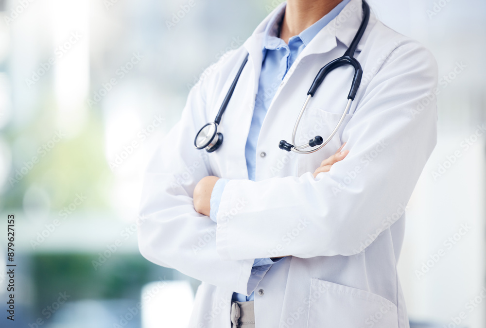 Doctor, healthcare and crossed arms in hospital for medical advice, health and wellness with stethoscope. Surgeon, career and professional person in clinic for job, experience and medicine with pride Doctor, healthcare and crossed arms in hospital for medical advice, health and wellness with stethoscope. Surgeon, career and professional person in clinic for job, experience and medicine with pride