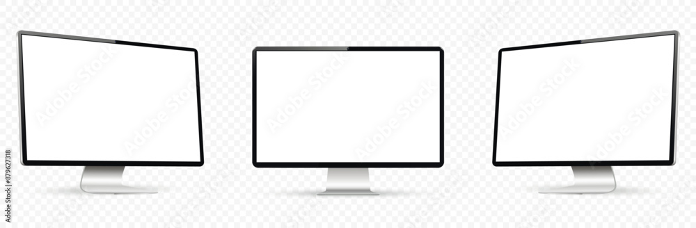 Realistic computer screen mockup. Computer display on three sides with blank screen isolated on transparent background