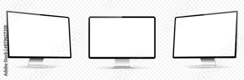 Realistic computer screen mockup. Computer display on three sides with blank screen isolated on transparent background