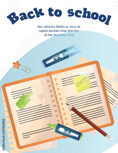 Back to school poster. Concept of high school and higher education subjects with elements of teaching and education. Top view of table background.