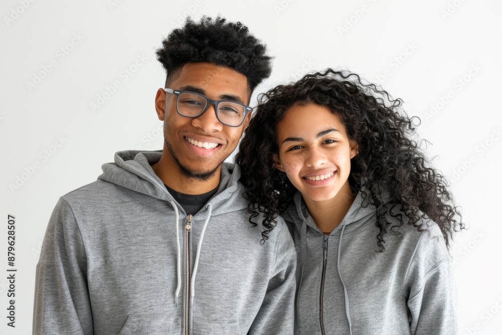 Portrait of a satisfied multicultural couple in their 20s wearing a zip-up fleece hoodie isolated on white background Portrait of a satisfied multicultural couple in their 20s wearing a zip-up fleece hoodie isolated on white background
