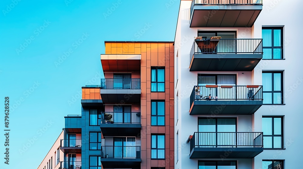 Modern Apartment Building with Balconies Against a Clear Blue Sky