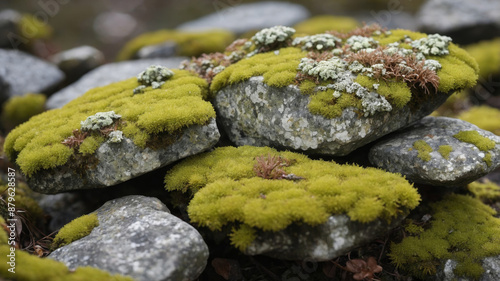 Detailed View of Mossy Rocks with Lichen Close-Up photo