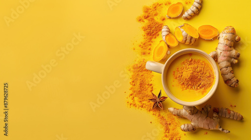 Turmeric latte in a ceramic mug with turmeric roots and powder on a yellow background photo