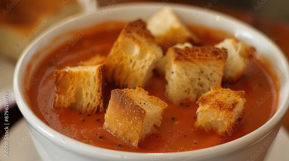 Bowl of creamy tomato soup with crunchy croutons in close-up view Bowl of creamy tomato soup with crunchy croutons in close-up view