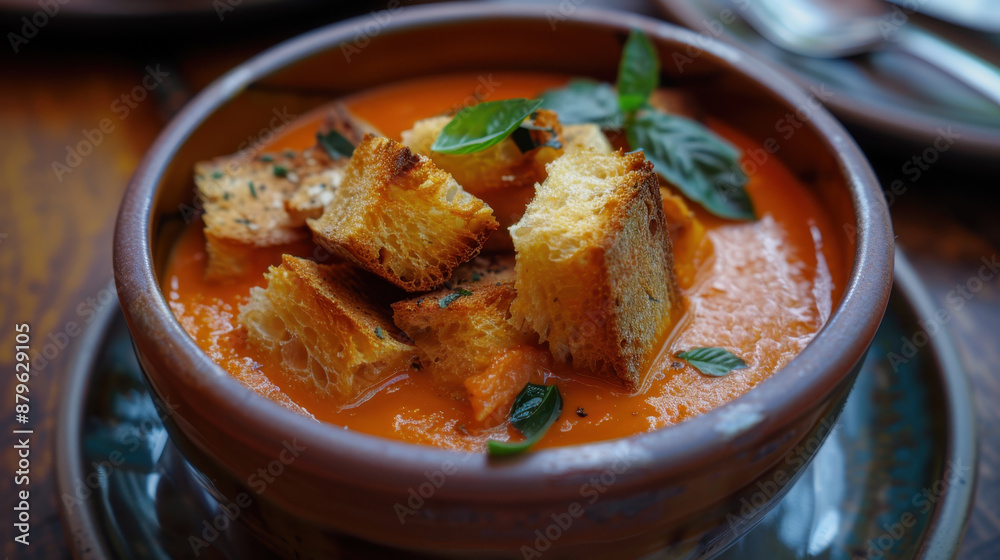 Close-up of tomato soup with toasted croutons and fresh basil in a rustic bowl Close-up of tomato soup with toasted croutons and fresh basil in a rustic bowl