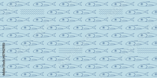 Seamless vector pattern with blue river fish. Doodle illustration of a school of fish mackerel