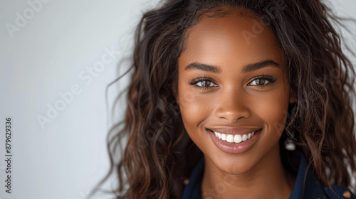 Smiling mixed race female police officer in uniform posing in studio on white background, law enforcement professional with copy space
