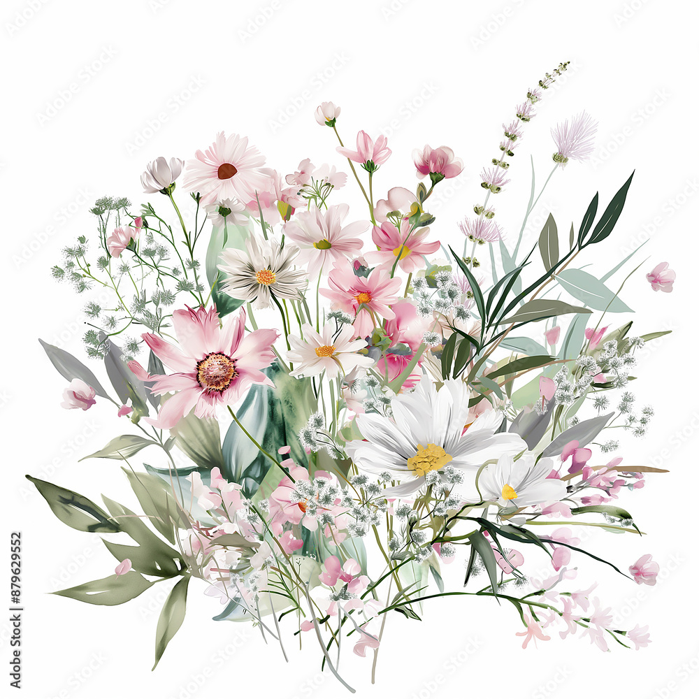 watercolor mountain glade pink and white flowers bouquet, wild bouquet, messy esthetic arrangement watercolor mountain glade pink and white flowers bouquet, wild bouquet, messy esthetic arrangement