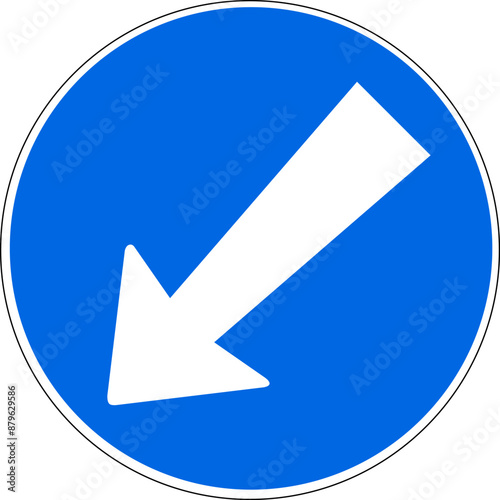 Blue and white round direction sign with arrow passing obstacle left. Illustration made July 10th, 2024, Zurich, Switzerland.