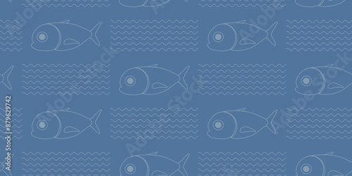 Seamless vector pattern with fish in dark blue tones. Doodle illustration of a school of vomer fish