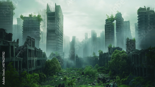 Atmospheric post-apocalyptic cityscape with overgrown ruins and abandoned skyscrapers photo