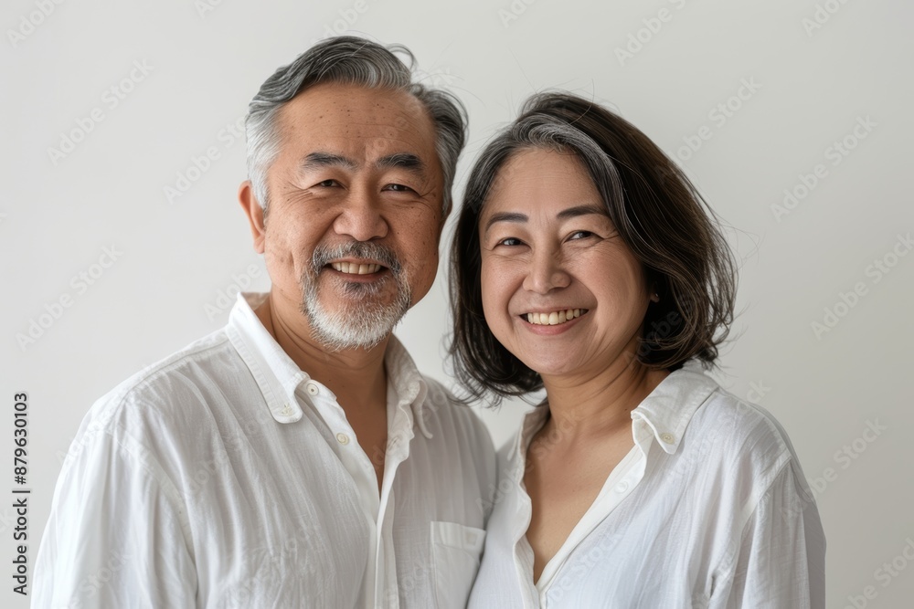 Portrait of a smiling asian couple in their 50s wearing a simple cotton shirt while standing against white background Portrait of a smiling asian couple in their 50s wearing a simple cotton shirt while standing against white background