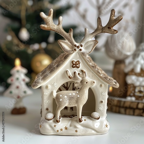 Christmas ceramic decoration deer with snow and a small house