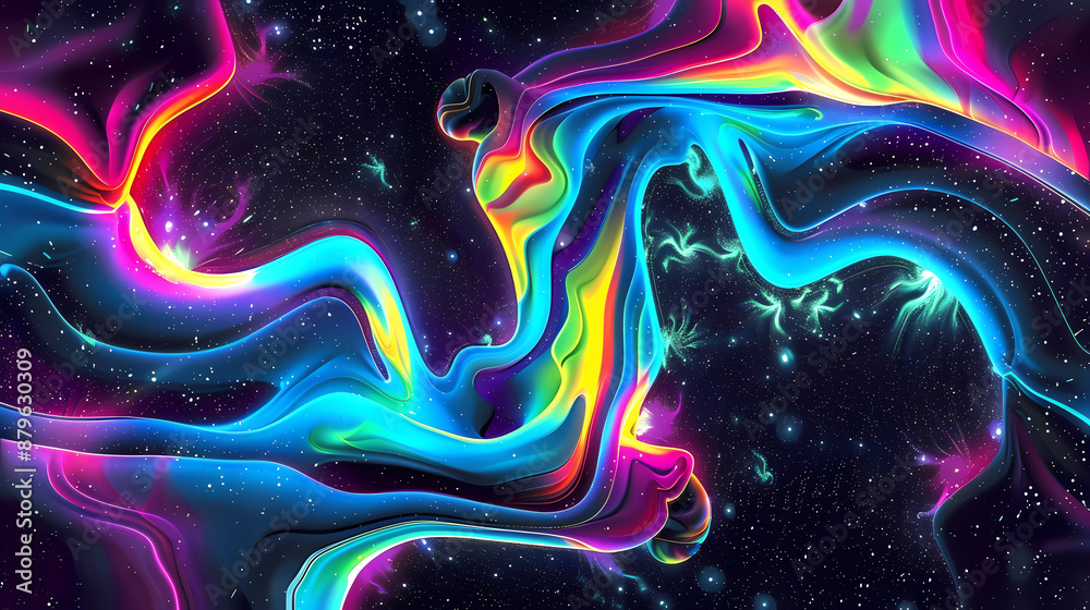 Obraz premium Colorful fluid galaxy patterns . vibrant and surreal abstract background is a deep, star-filled black space. Stunning black background