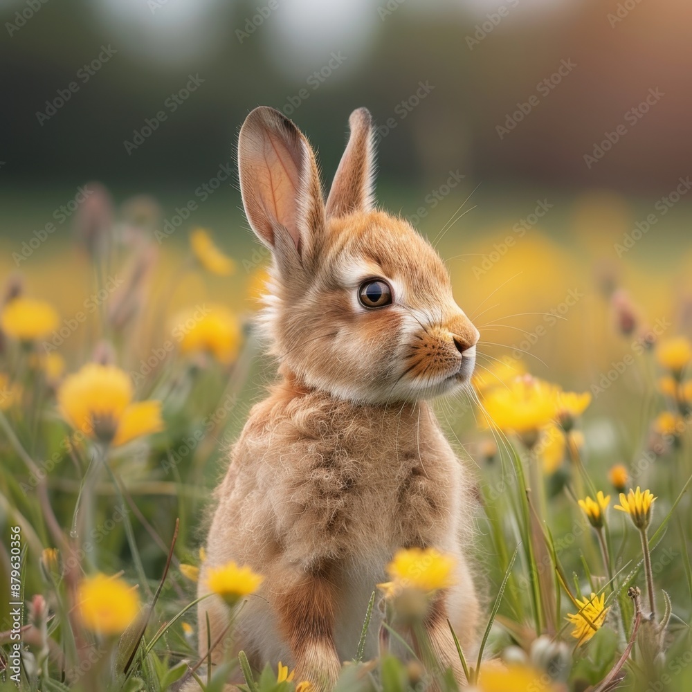 Baby hare in a spring meadow ,isolate ,minimal, simple background Baby hare in a spring meadow ,isolate ,minimal, simple background