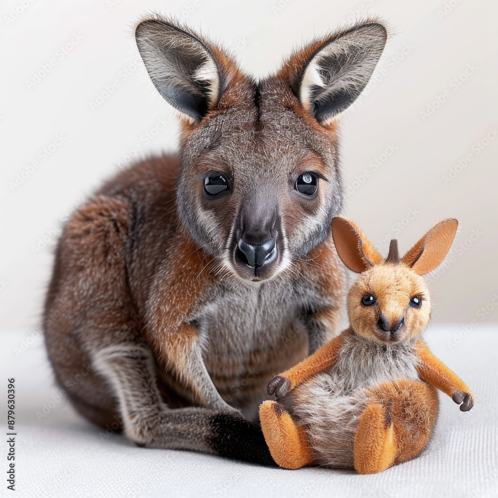 Baby wallaby with a toy kangaroo ,isolate ,minimal, simple background Baby wallaby with a toy kangaroo ,isolate ,minimal, simple background