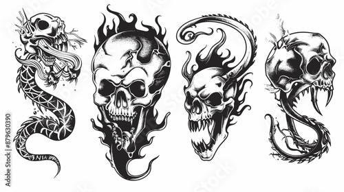 Four skulls with flames and a snake. The skulls are black and the snake is black and white