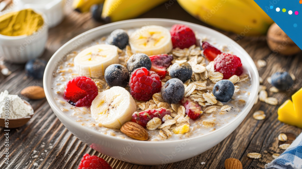 Healthy oatmeal porridge with bananas, blueberries, raspberries, and almonds served in a white bowl on a wooden table Healthy oatmeal porridge with bananas, blueberries, raspberries, and almonds served in a white bowl on a wooden table