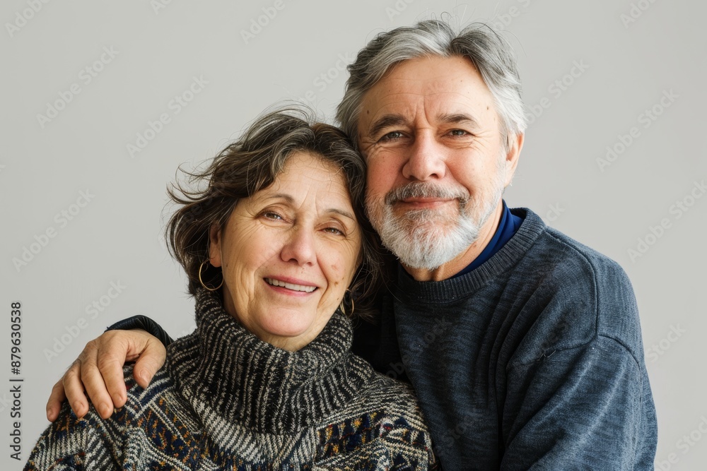 Portrait of a happy couple in their 60s dressed in a comfy fleece pullover isolated in white background Portrait of a happy couple in their 60s dressed in a comfy fleece pullover isolated in white background