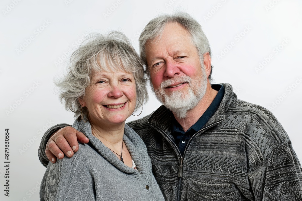 Portrait of a happy couple in their 60s dressed in a comfy fleece pullover isolated in white background Portrait of a happy couple in their 60s dressed in a comfy fleece pullover isolated in white background