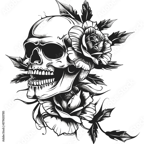 A skull with a rose on top of it. The skull is black and white and the rose is red. The image has a dark and eerie mood
