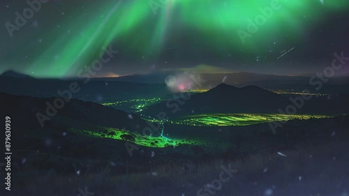 The video is of a night sky with a green aurora filling the sky above snow-covered mountains. photo