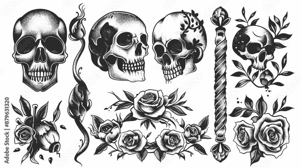 A collection of skulls and roses. The roses are scattered throughout the image, with some appearing in the foreground and others in the background. The skulls are arranged in various positions A collection of skulls and roses. The roses are scattered throughout the image, with some appearing in the foreground and others in the background. The skulls are arranged in various positions