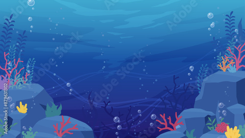 岩と珊瑚がある深海の背景イラスト_16:9