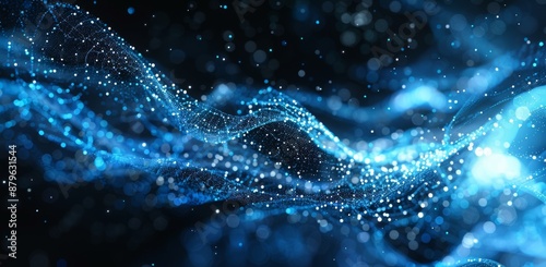 A computer network with a 3D illustration. Big data and cybersecurity with a data stream. Global database and stock market with a background with bokeh. Bright, colorful background with bokeh effect.