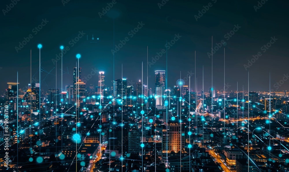 Fototapeta premium Technology concept of smart city and abstract dot connected by gradient line.